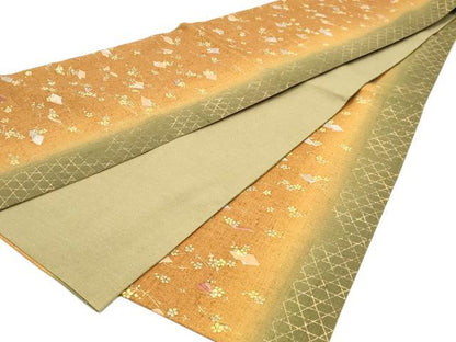 平和屋着物◎全通柄袋帯　冊子花文　正絹　逸品　DABK8688cm