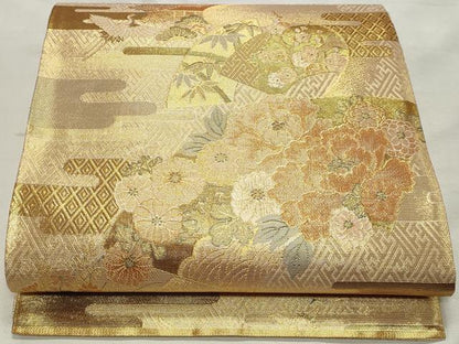 平和屋着物◎佐賀錦　六通柄袋帯　飛鶴風景花文　金糸　正絹　逸品　DABK8692cm