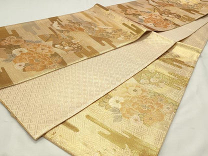 平和屋着物◎佐賀錦　六通柄袋帯　飛鶴風景花文　金糸　正絹　逸品　DABK8692cm