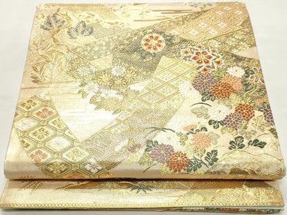 平和屋着物◎六通柄袋帯　唐織　風景花文　金糸　正絹　逸品　DABK8694cm