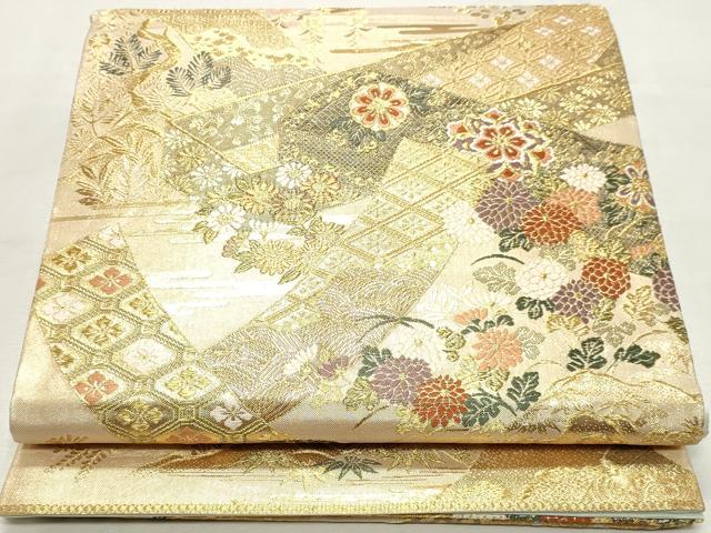 平和屋着物◎六通柄袋帯　唐織　風景花文　金糸　正絹　逸品　DABK8694cm