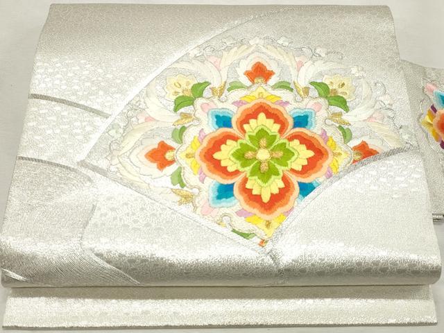 平和屋着物◎九寸名古屋帯　刺繍　地紙花文　金銀糸　正絹　逸品　DABK8714cm