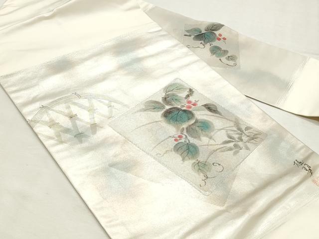 平和屋着物◎九寸名古屋帯　作家物　手描き　色紙花文　銀糸　正絹　逸品　DABK8717cm