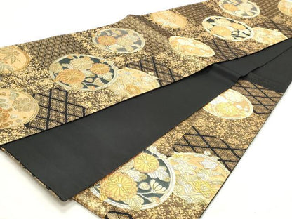 平和屋着物◎六通柄袋帯　麗しの装い　黒地　金銀糸　正絹　逸品　DABK8730cm