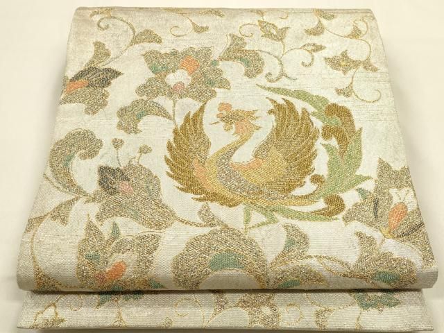 平和屋着物◎六通柄袋帯　鳳凰花唐草文　金銀糸　正絹　逸品　DABK8740cm
