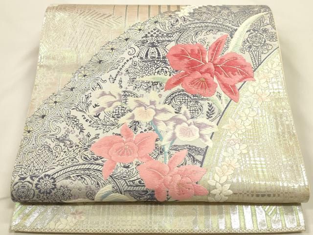平和屋着物◎六通柄袋帯　唐織　洋花文　ラメ糸　銀糸　正絹　逸品　DABK8741cm