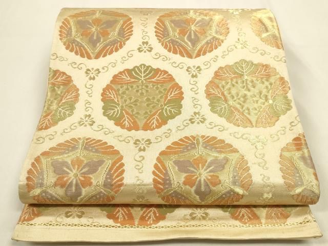 平和屋着物◎六通柄袋帯　花唐草丸文　金糸　正絹　逸品　DABK8743cm