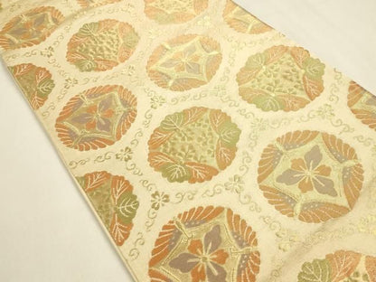 平和屋着物◎六通柄袋帯　花唐草丸文　金糸　正絹　逸品　DABK8743cm