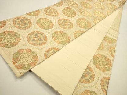 平和屋着物◎六通柄袋帯　花唐草丸文　金糸　正絹　逸品　DABK8743cm