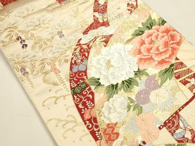 平和屋着物◎六通柄袋帯　唐織　滝流牡丹菊文　金銀糸　正絹　逸品　DABK8744cm