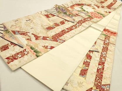 平和屋着物◎六通柄袋帯　唐織　滝流牡丹菊文　金銀糸　正絹　逸品　DABK8744cm