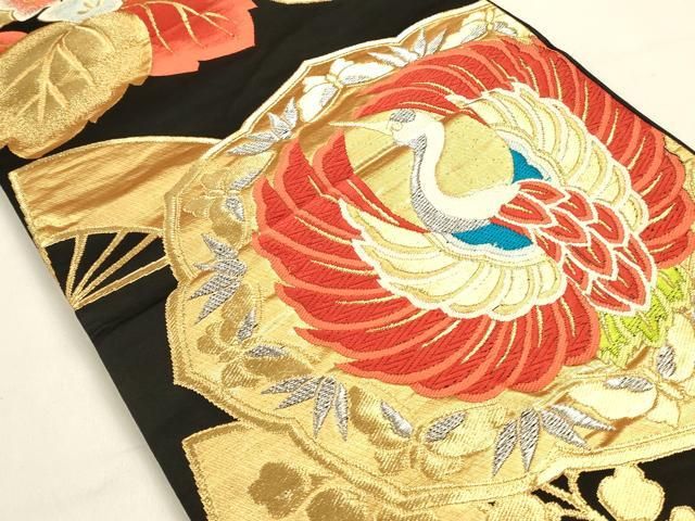 平和屋着物◎六通柄袋帯　唐織　扇面飛鶴花文　黒地　金銀糸　正絹　逸品　DABK8745cm