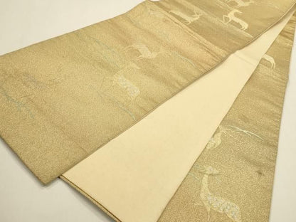 平和屋着物◎六通柄袋帯　鹿　金銀糸　正絹　逸品　DABK8754cm