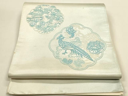 平和屋着物◎中国三大刺繍　相良刺繍　総刺繍　太鼓柄袋帯　花鳥文　銀糸　正絹　逸品　DABK8756cm