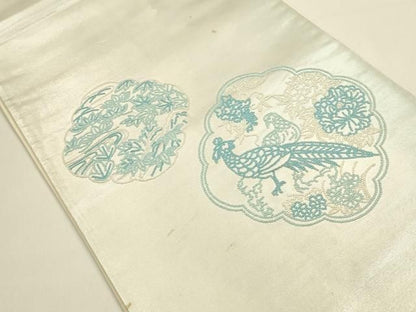 平和屋着物◎中国三大刺繍　相良刺繍　総刺繍　太鼓柄袋帯　花鳥文　銀糸　正絹　逸品　DABK8756cm