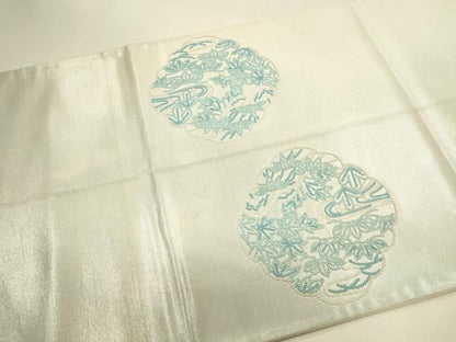 平和屋着物◎中国三大刺繍　相良刺繍　総刺繍　太鼓柄袋帯　花鳥文　銀糸　正絹　逸品　DABK8756cm