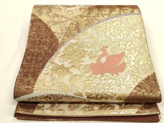 平和屋着物◎六通柄袋帯　鳳凰花唐草文　金糸　正絹　逸品　DABK8758cm