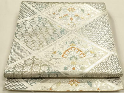 平和屋着物◎六通柄袋帯　格天井花文　銀糸　正絹　逸品　DABK8765cm