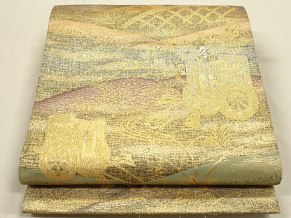 平和屋着物◎六通柄袋帯　籬御所車花文　金銀糸　正絹　逸品　DABK8767cm