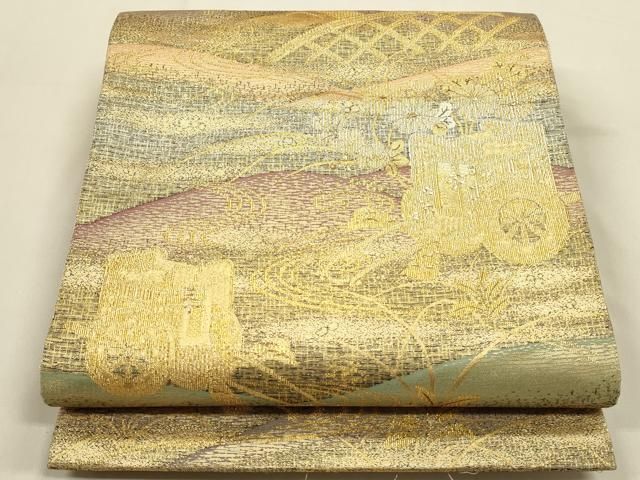 平和屋着物◎六通柄袋帯　籬御所車花文　金銀糸　正絹　逸品　DABK8767cm