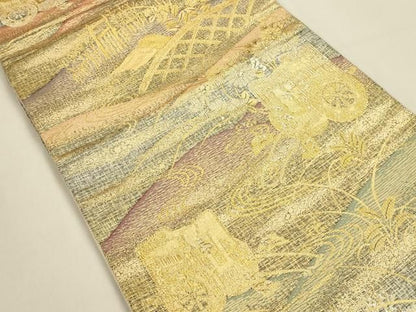 平和屋着物◎六通柄袋帯　籬御所車花文　金銀糸　正絹　逸品　DABK8767cm