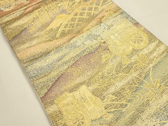 平和屋着物◎六通柄袋帯　籬御所車花文　金銀糸　正絹　逸品　DABK8767cm