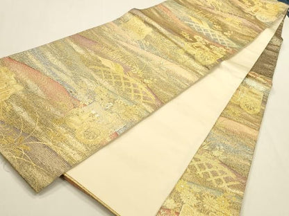 平和屋着物◎六通柄袋帯　籬御所車花文　金銀糸　正絹　逸品　DABK8767cm