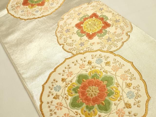 平和屋着物◎六通柄袋帯　唐織　花絵皿文　金糸　正絹　逸品　DABK8769cm
