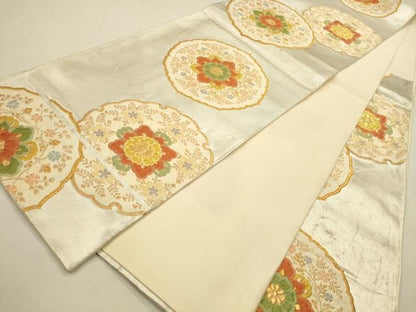 平和屋着物◎六通柄袋帯　唐織　花絵皿文　金糸　正絹　逸品　DABK8769cm