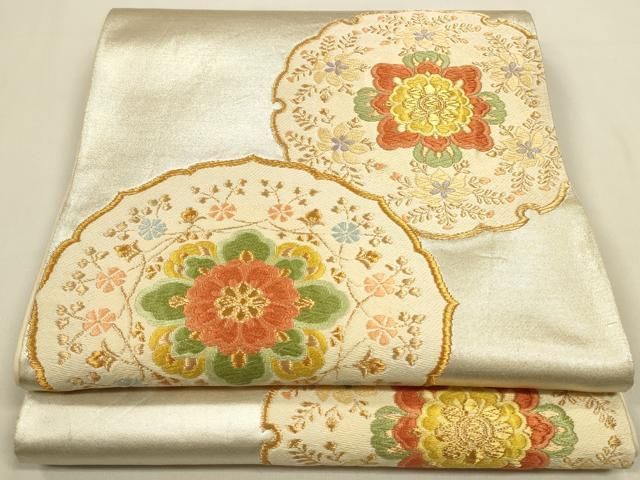 平和屋着物◎六通柄袋帯　唐織　花絵皿文　金糸　正絹　逸品　DABK8769cm