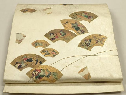 平和屋着物◎六通柄袋帯　地紙人物風景文　金糸　正絹　逸品　DABK8777cm