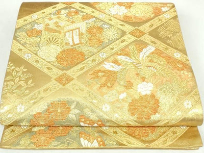 平和屋着物◎六通柄袋帯　天井御所車花文　金糸　正絹　逸品　DABK8778cm