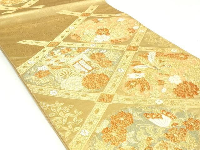 平和屋着物◎六通柄袋帯　天井御所車花文　金糸　正絹　逸品　DABK8778cm