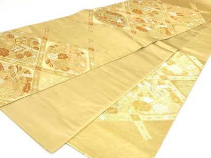 平和屋着物◎六通柄袋帯　天井御所車花文　金糸　正絹　逸品　DABK8778cm