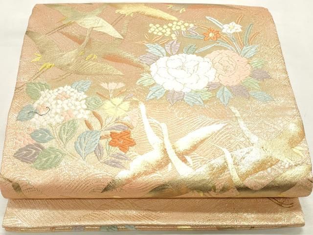 平和屋着物◎六通柄袋帯　唐織　立波飛鶴花文　金糸　正絹　逸品　DABK8789cm