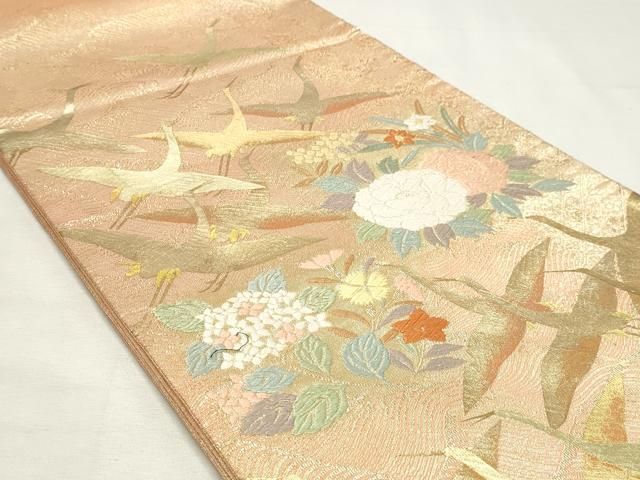 平和屋着物◎六通柄袋帯　唐織　立波飛鶴花文　金糸　正絹　逸品　DABK8789cm