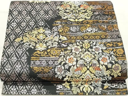 平和屋着物◎六通柄袋帯　正倉院花鳥華文　黒地　金銀糸　正絹　逸品　DABK8791cm