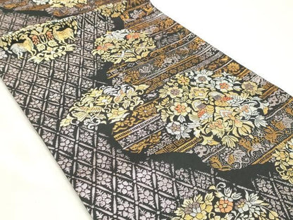平和屋着物◎六通柄袋帯　正倉院花鳥華文　黒地　金銀糸　正絹　逸品　DABK8791cm