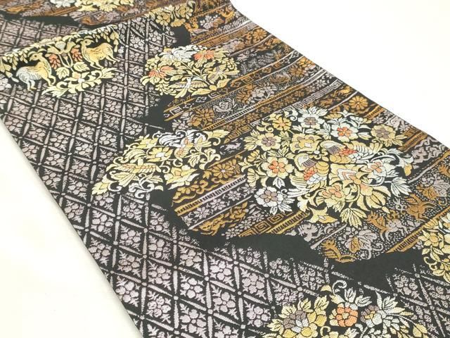 平和屋着物◎六通柄袋帯　正倉院花鳥華文　黒地　金銀糸　正絹　逸品　DABK8791cm