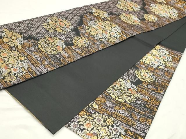 平和屋着物◎六通柄袋帯　正倉院花鳥華文　黒地　金銀糸　正絹　逸品　DABK8791cm