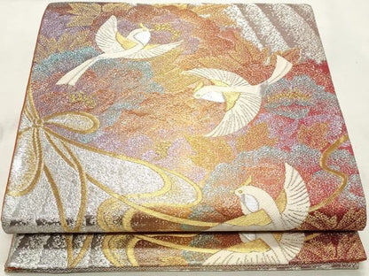 平和屋着物◎六通柄袋帯　飛鳥花文　金銀糸　正絹　逸品　DABK8799cm