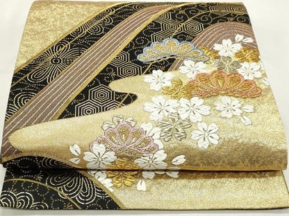 平和屋着物◎六通柄袋帯　唐織　流水花松文　煌華　金糸　正絹　逸品　DABK8801cm