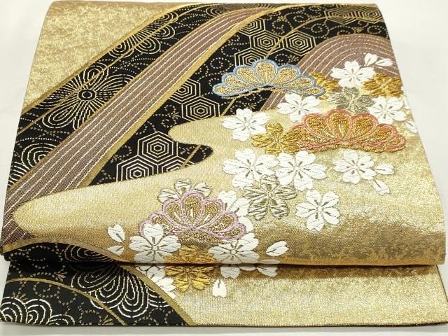 平和屋着物◎六通柄袋帯　唐織　流水花松文　煌華　金糸　正絹　逸品　DABK8801cm