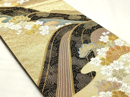 平和屋着物◎六通柄袋帯　唐織　流水花松文　煌華　金糸　正絹　逸品　DABK8801cm