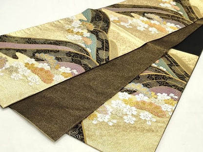 平和屋着物◎六通柄袋帯　唐織　流水花松文　煌華　金糸　正絹　逸品　DABK8801cm