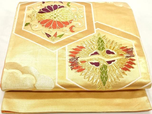 平和屋着物◎六通柄袋帯　唐織　亀甲双鶴菱花文　金糸　正絹　逸品　DABK8802cm
