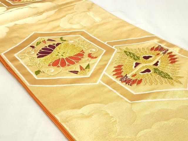 平和屋着物◎六通柄袋帯　唐織　亀甲双鶴菱花文　金糸　正絹　逸品　DABK8802cm