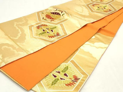 平和屋着物◎六通柄袋帯　唐織　亀甲双鶴菱花文　金糸　正絹　逸品　DABK8802cm