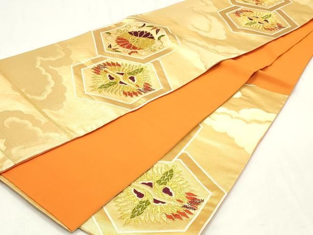 平和屋着物◎六通柄袋帯　唐織　亀甲双鶴菱花文　金糸　正絹　逸品　DABK8802cm