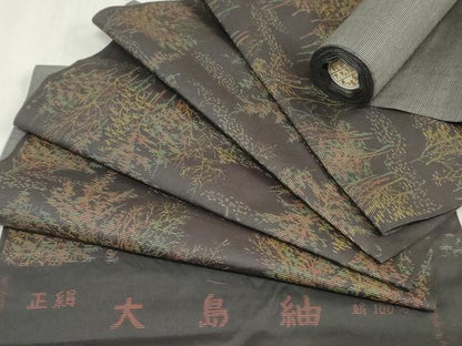 平和屋着物▼大島紬　反物　着尺　草花文　逸品　未使用　DABK9065zy